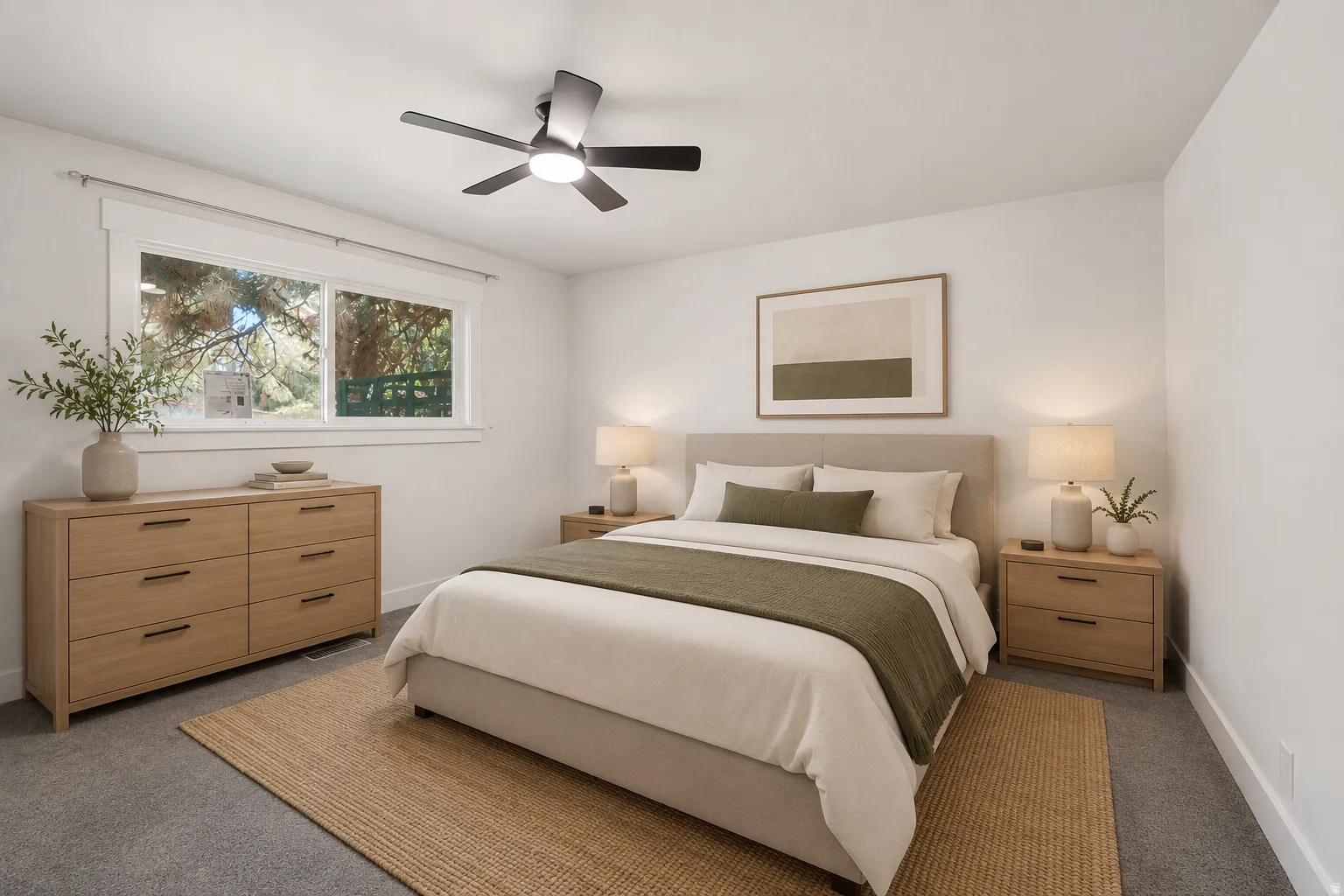 Bedroom featuring a ceiling fan, a window with outdoor scenery, carpet flooring, and a light-colored headboard