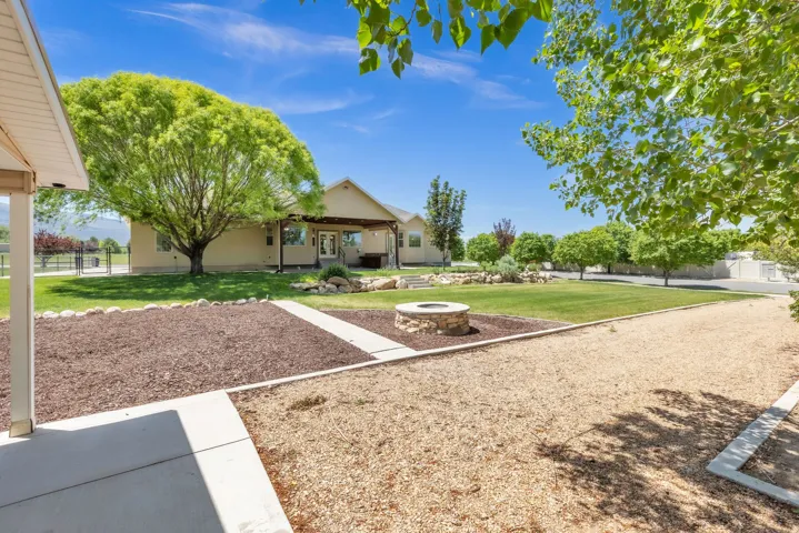 Expansive backyard featuring a stone fire pit, extensive gravel patio area, and mature landscaping with a large shade tree