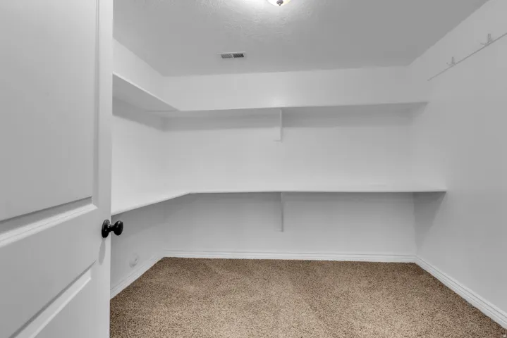 Interior storage space featuring built-in white shelving, light brown carpeting, a white paneled door with a black doorknob, and white baseboards