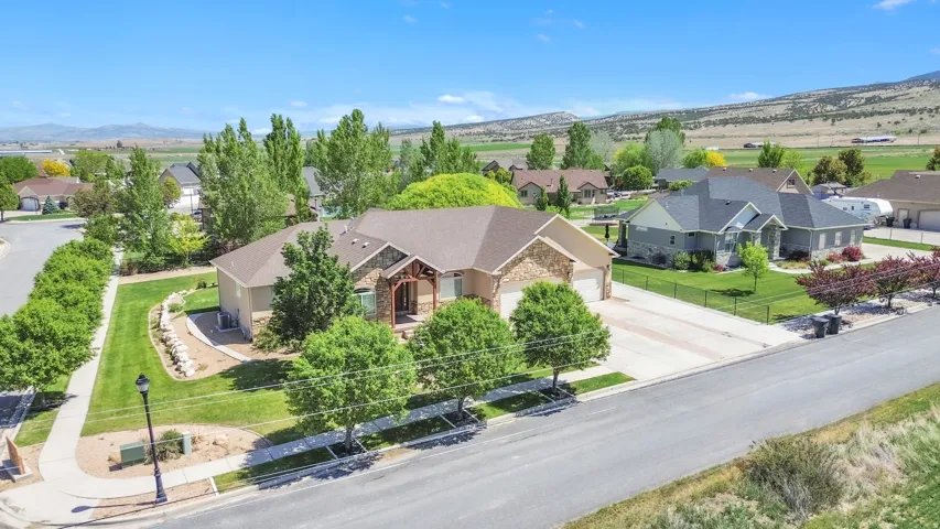 Expansive corner lot featuring a stucco and stone facade, a two-car garage, mature landscaping, and a paved driveway