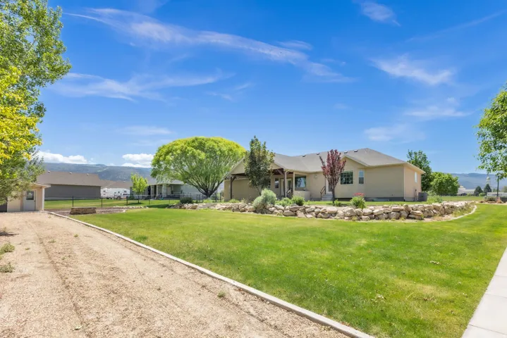 Spacious green lawn with a rock retaining wall and mature trees