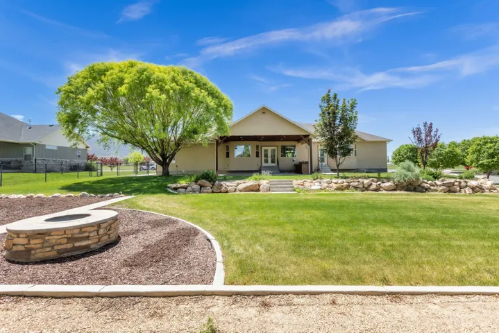 Expansive rear yard featuring a stone fire pit, mature shade tree, and established lawn