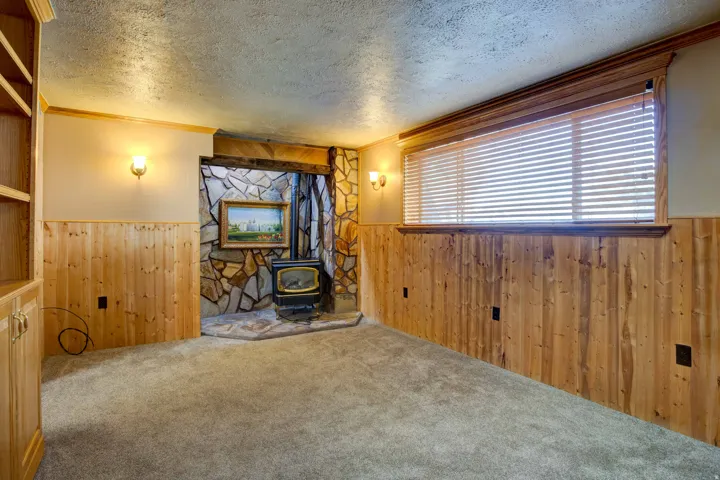 Built-in wood shelving, wood wainscoting, stone-clad fireplace with hearth, freestanding wood-burning stove, and horizontal window blinds
