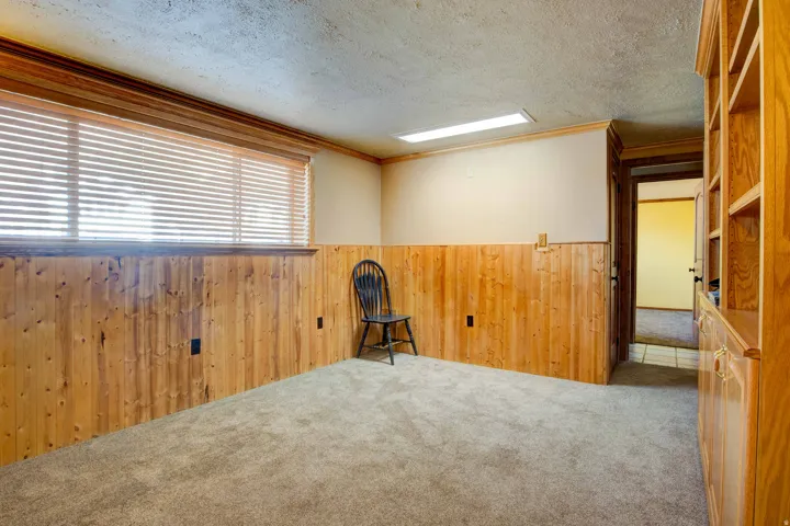 Carpeted room with wood paneling, built-in shelving, and a large window with blinds