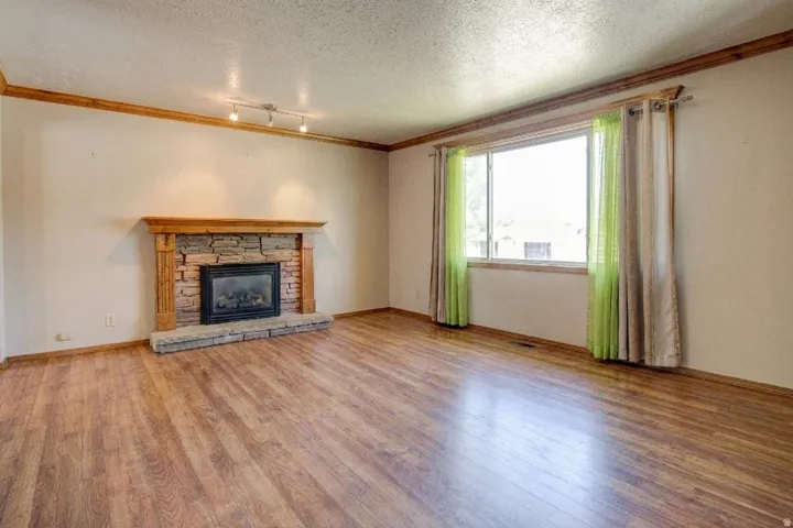 Living area featuring wood-finish flooring, a stone-clad fireplace with a wooden mantel, and track lighting