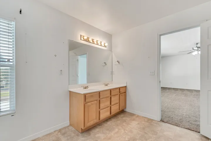 Master bathroom with double vanity and a large wall-mounted mirror