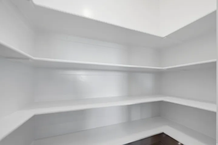 Kitchen Walk-in pantry featuring multiple levels of white shelving.