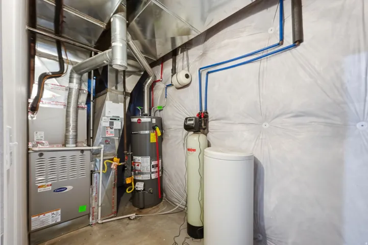 Utility area featuring a furnace, water heater, and water treatment system