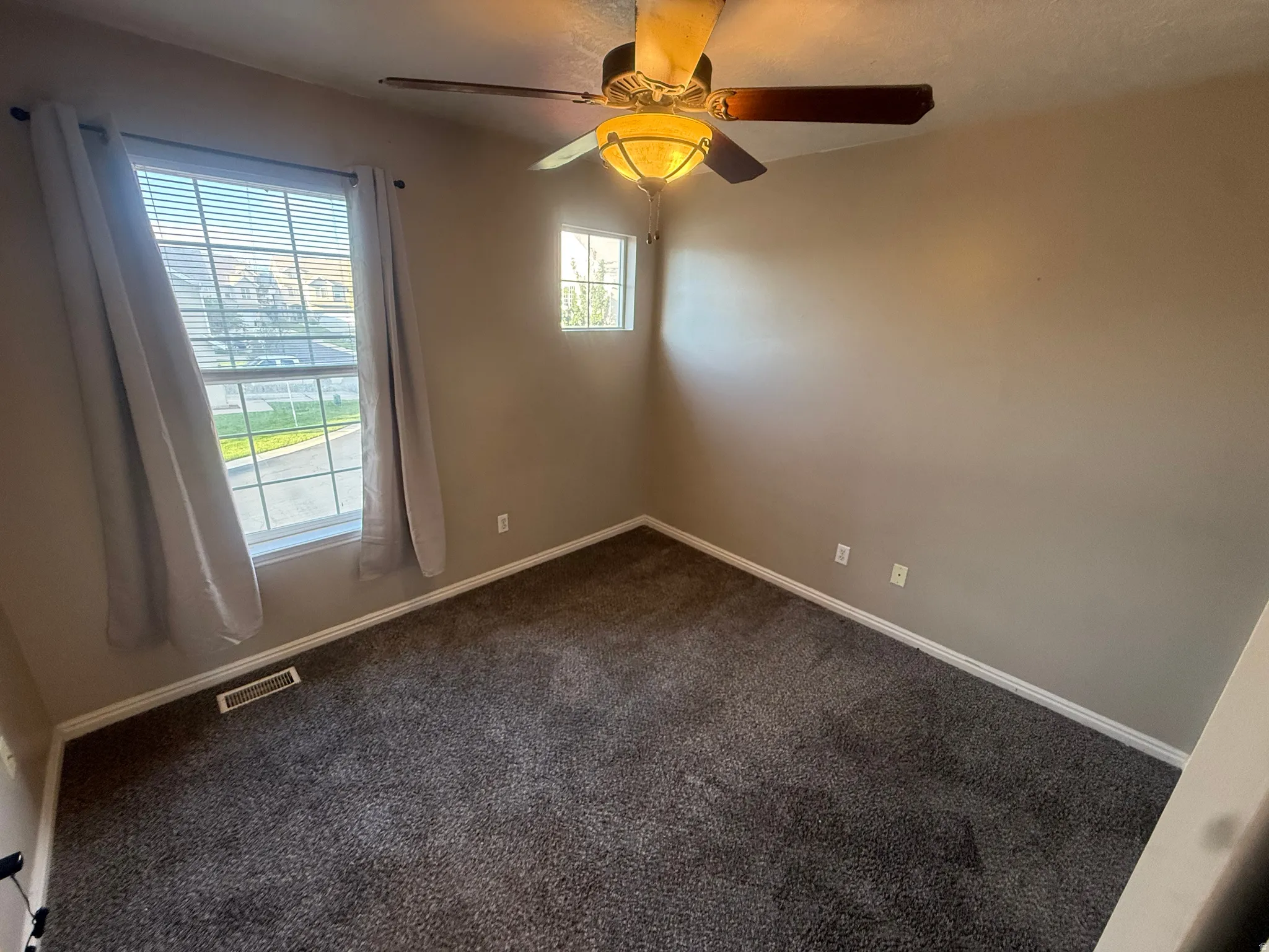 Plush carpeting, a ceiling fan with integrated lighting, and multiple windows
