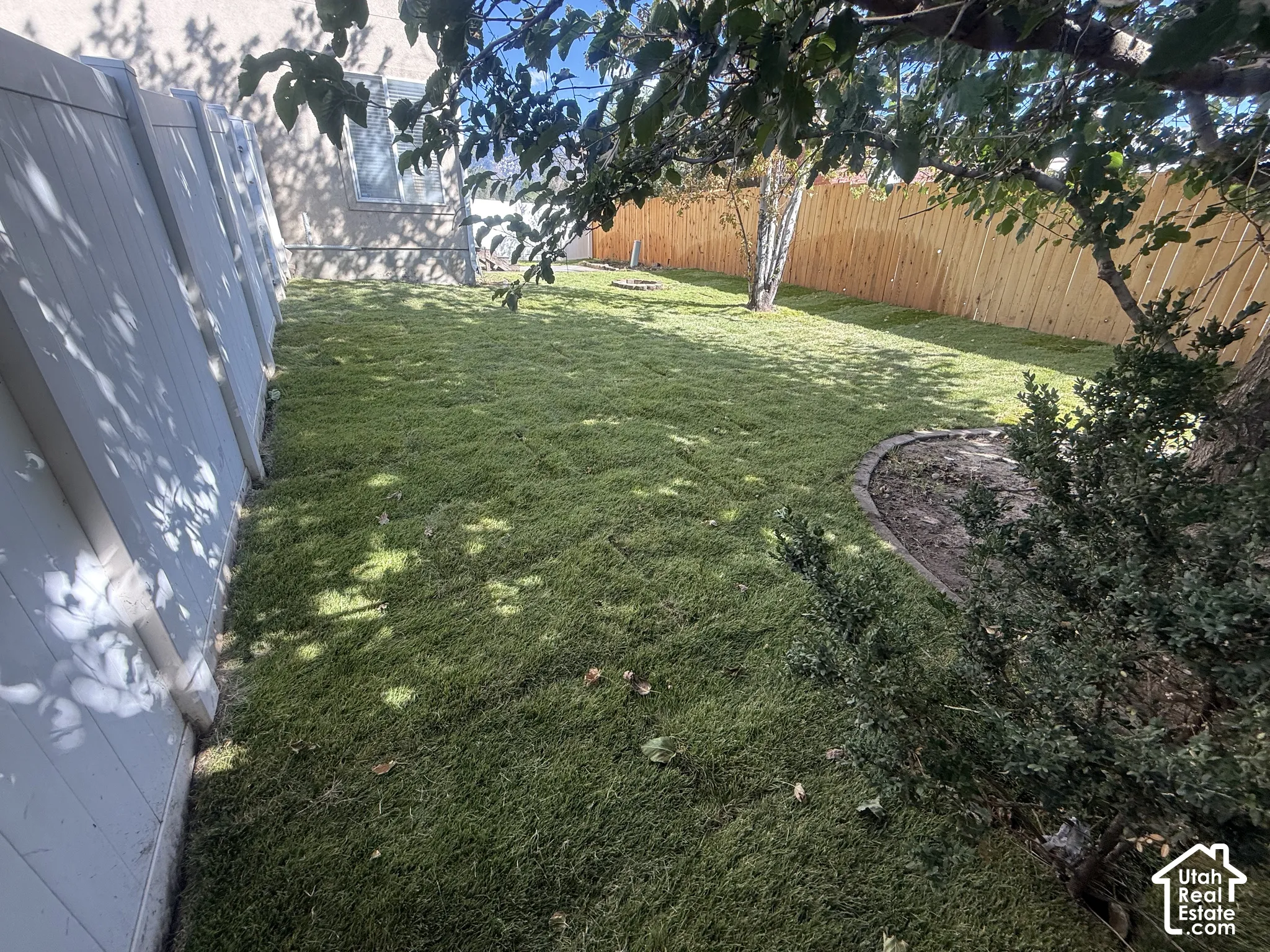 Expansive grassy area with a partial privacy fence and mature trees