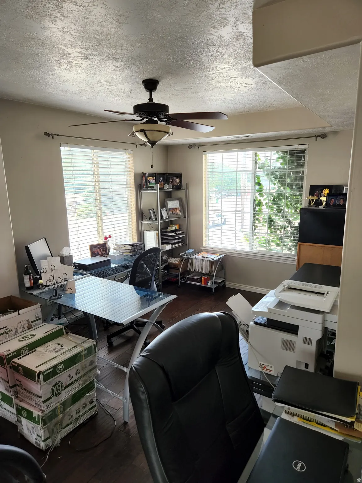 2nd floor Loft area with wood-finish flooring, featuring multiple windows with blinds, a ceiling fan with integrated lighting, and neutral wall tones