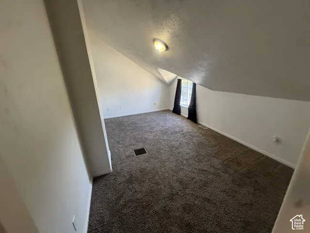 Carpeted room with sloped ceilings and a flush-mounted ceiling light fixture