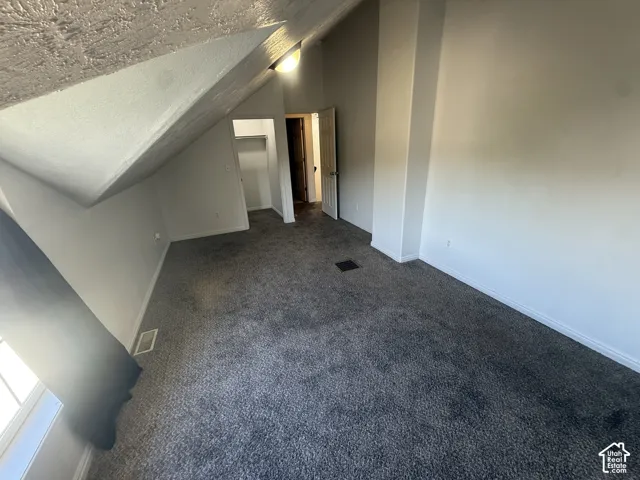 Vaulted ceiling, carpet flooring, window with natural light, interior door, and built-in closet