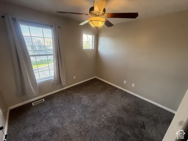 Plush carpeting, a ceiling fan with integrated lighting, and multiple windows