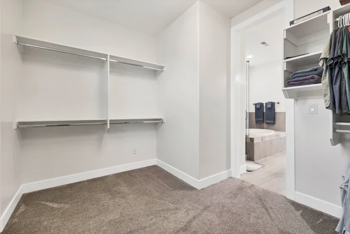 Walk-in closet with carpet flooring and built-in shelving