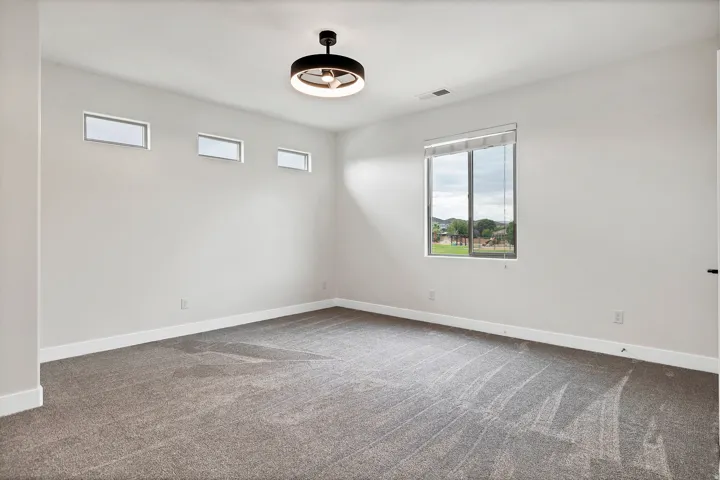 Spacious room featuring neutral carpeting, white baseboards, and a contemporary ceiling light fixture