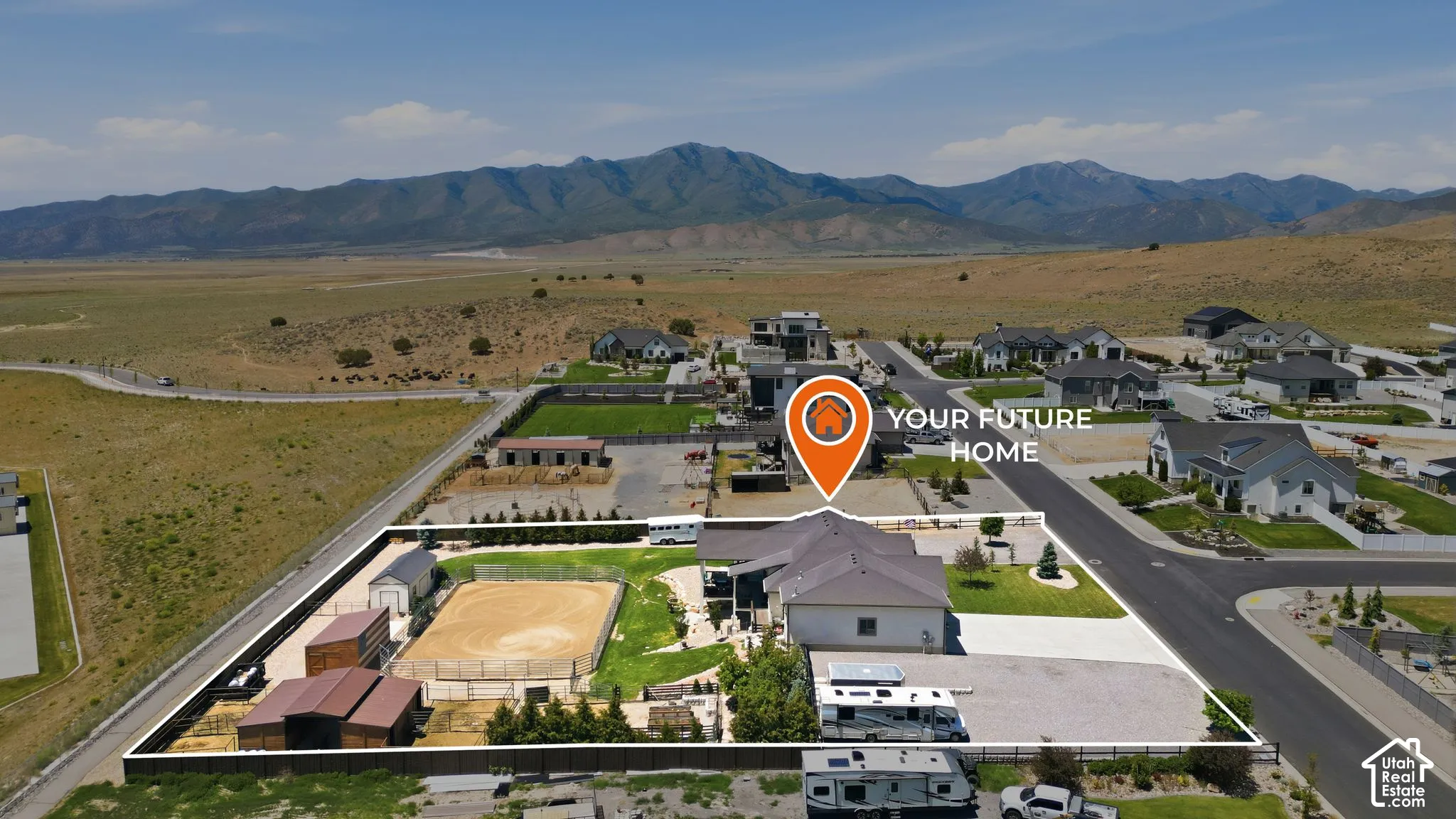 Expansive property featuring a riding arena, multiple outbuildings, and a gravel parking area