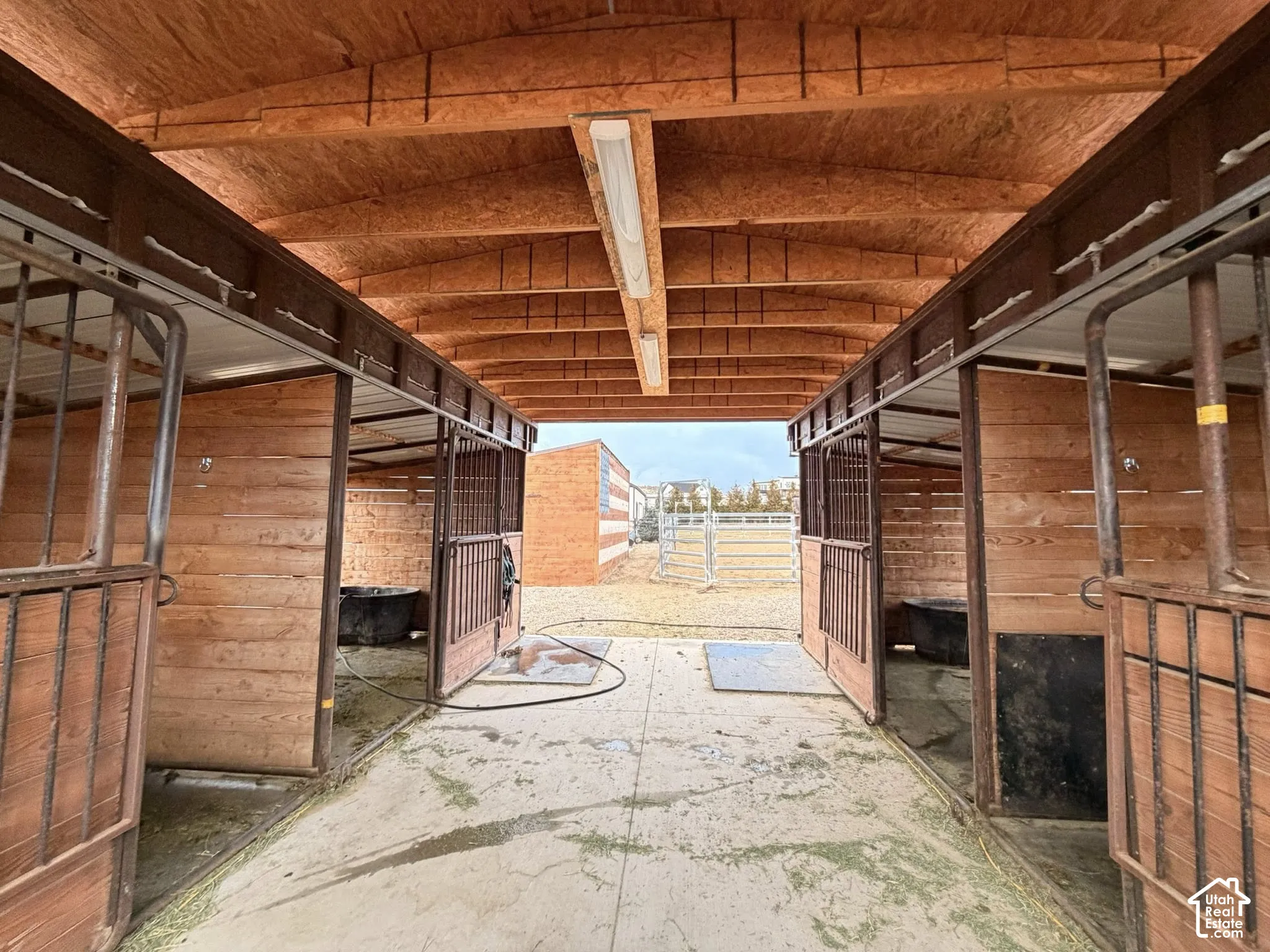 Covered equestrian stalls featuring wood paneling, metal gates, and an exposed wood ceiling with fluorescent lighting
