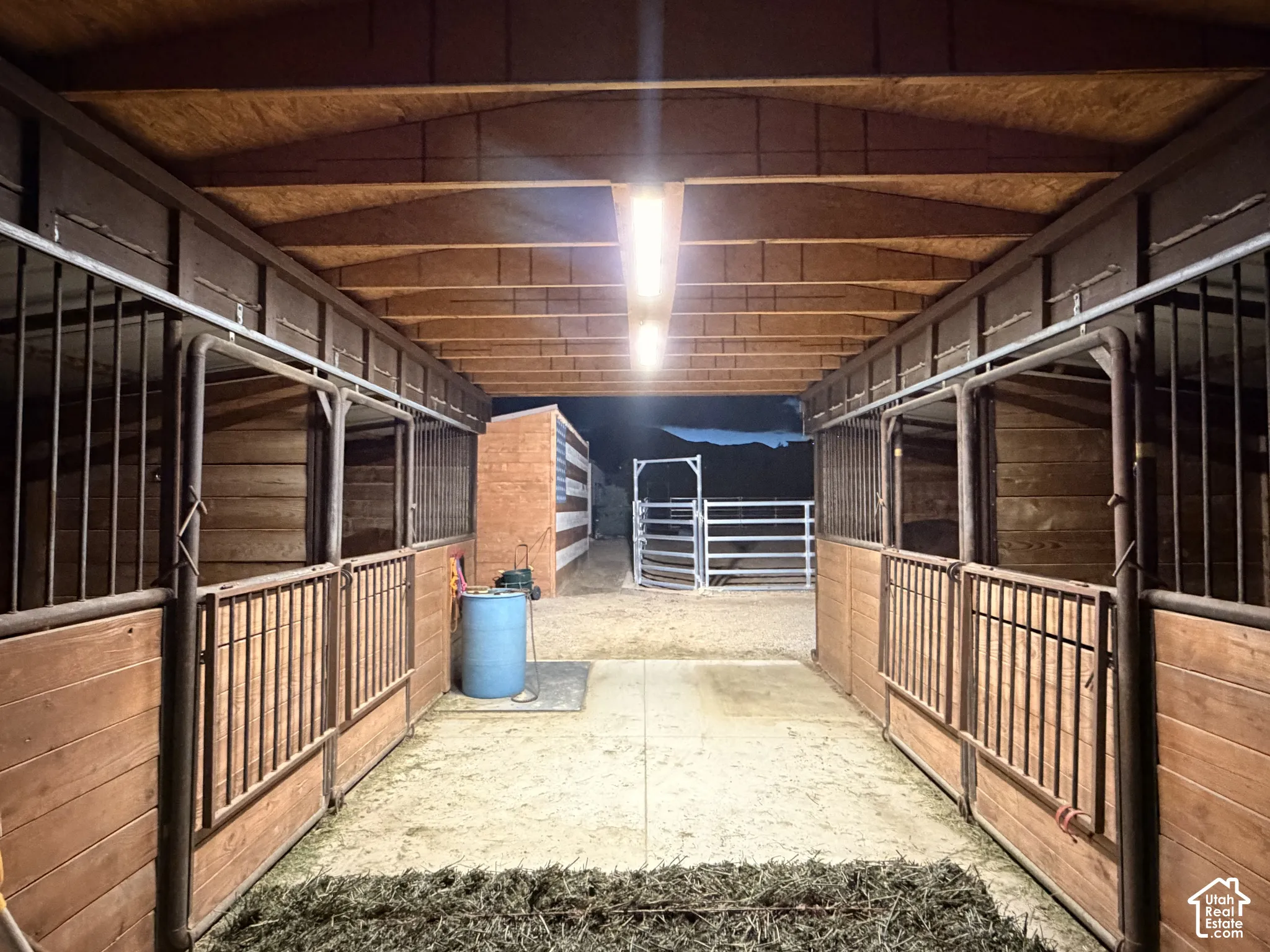 Stable featuring wood-paneled stalls, metal partition grates, exposed rafter ceiling, concrete flooring, and an exterior metal corral
