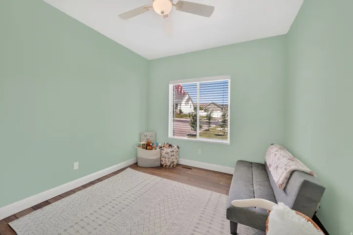 Bright room with light green walls and wood-finish flooring
