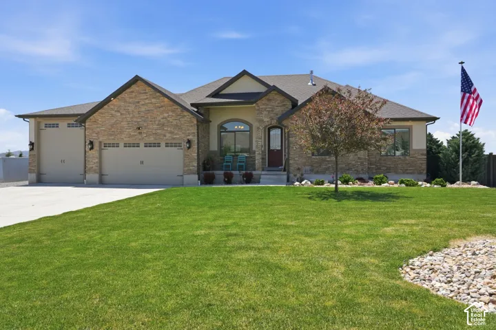 Stone-accented exterior with multiple gables