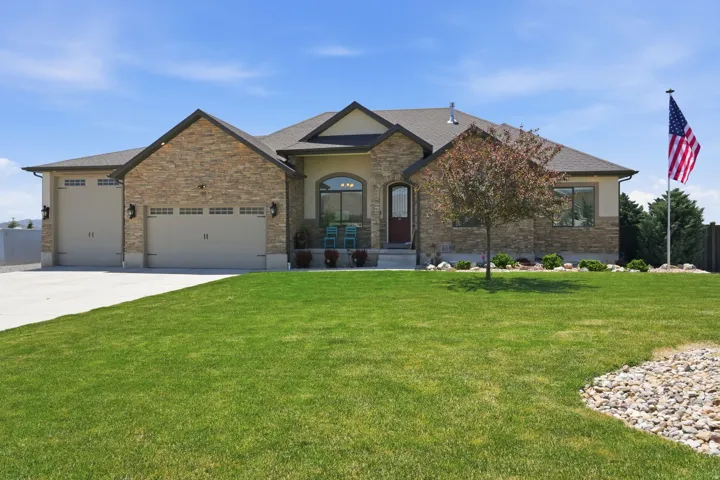 Stone-accented exterior with multiple gables