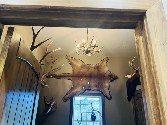 Wood-framed doorway opening to an interior space featuring a multi-light antler chandelier