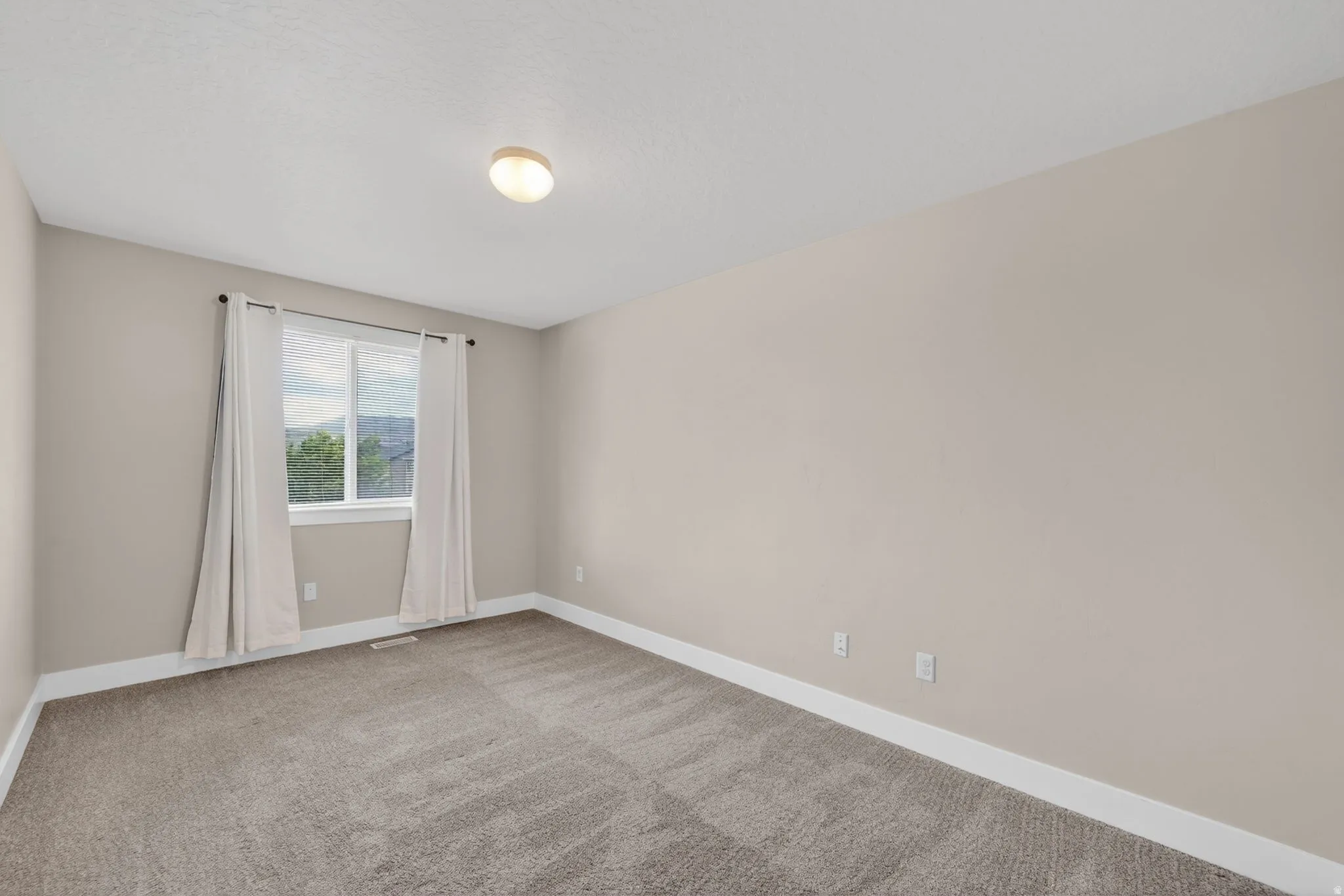 Spacious room featuring neutral paint tones, plush carpet flooring, a large window, a ceiling-mounted light fixture, and white baseboards