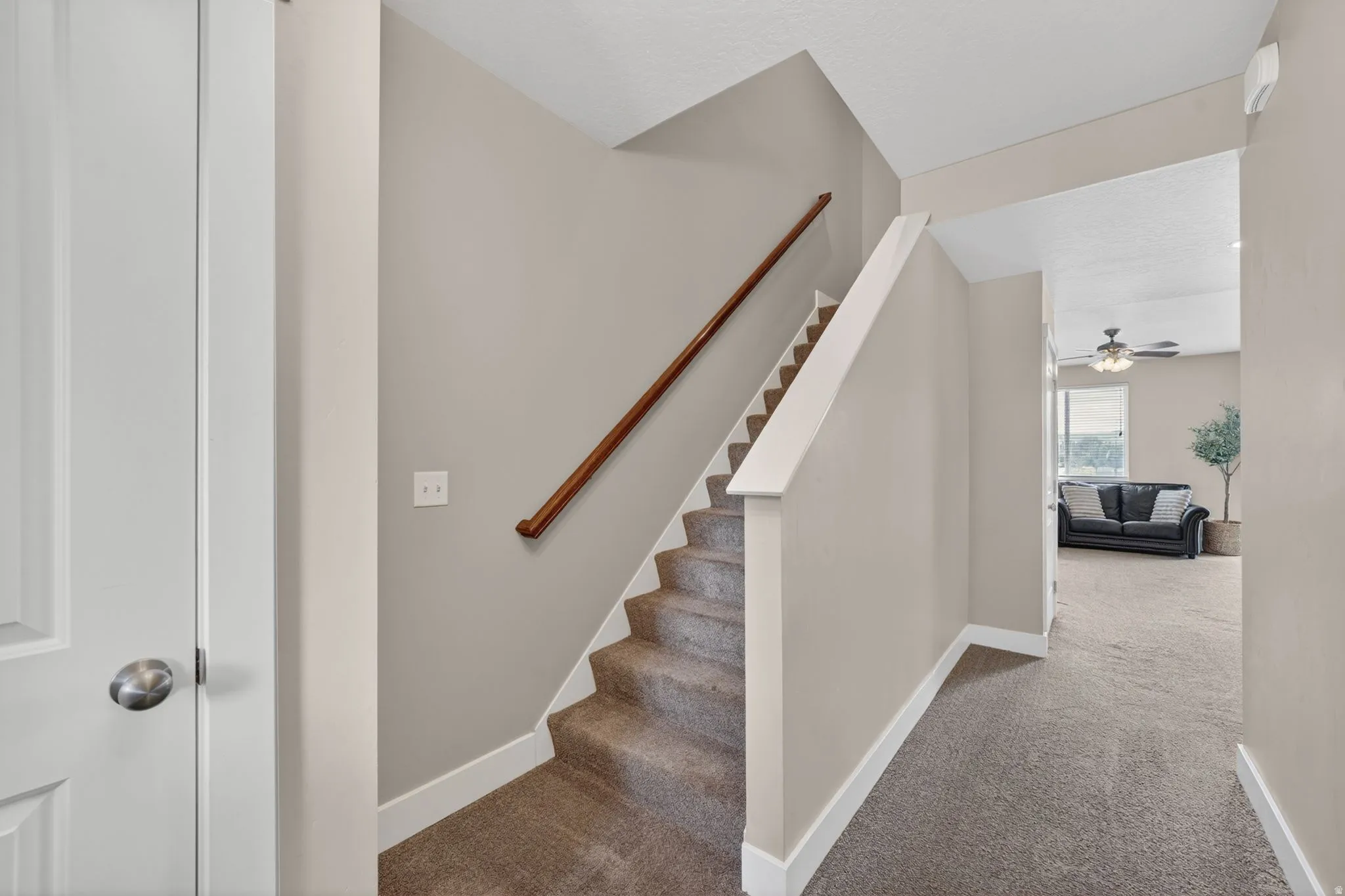 Carpeted staircase with a wood-finish handrail and light neutral wall paint