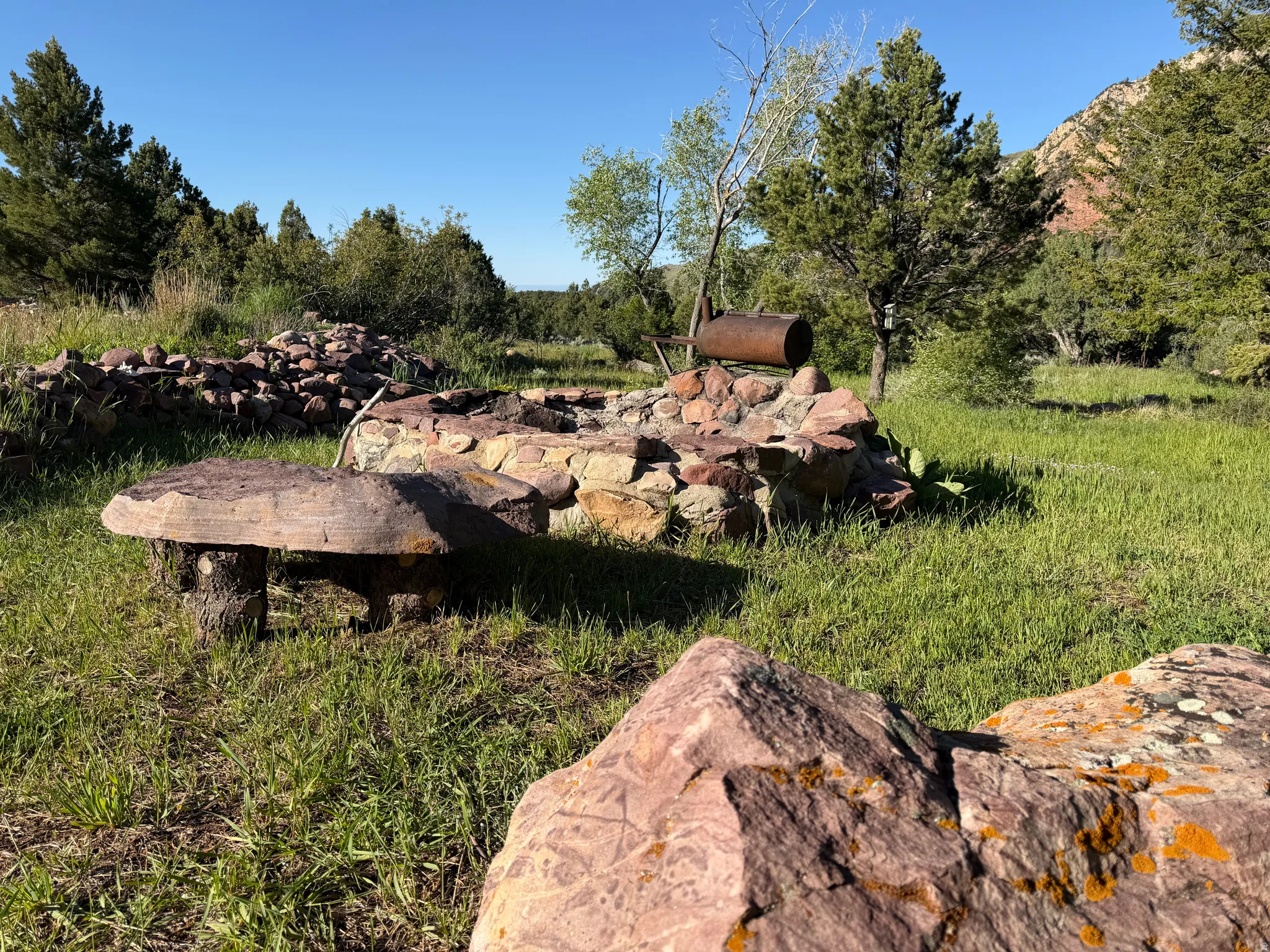 Natural outdoor setting featuring a stone fire pit, rustic stone seating, and mature trees