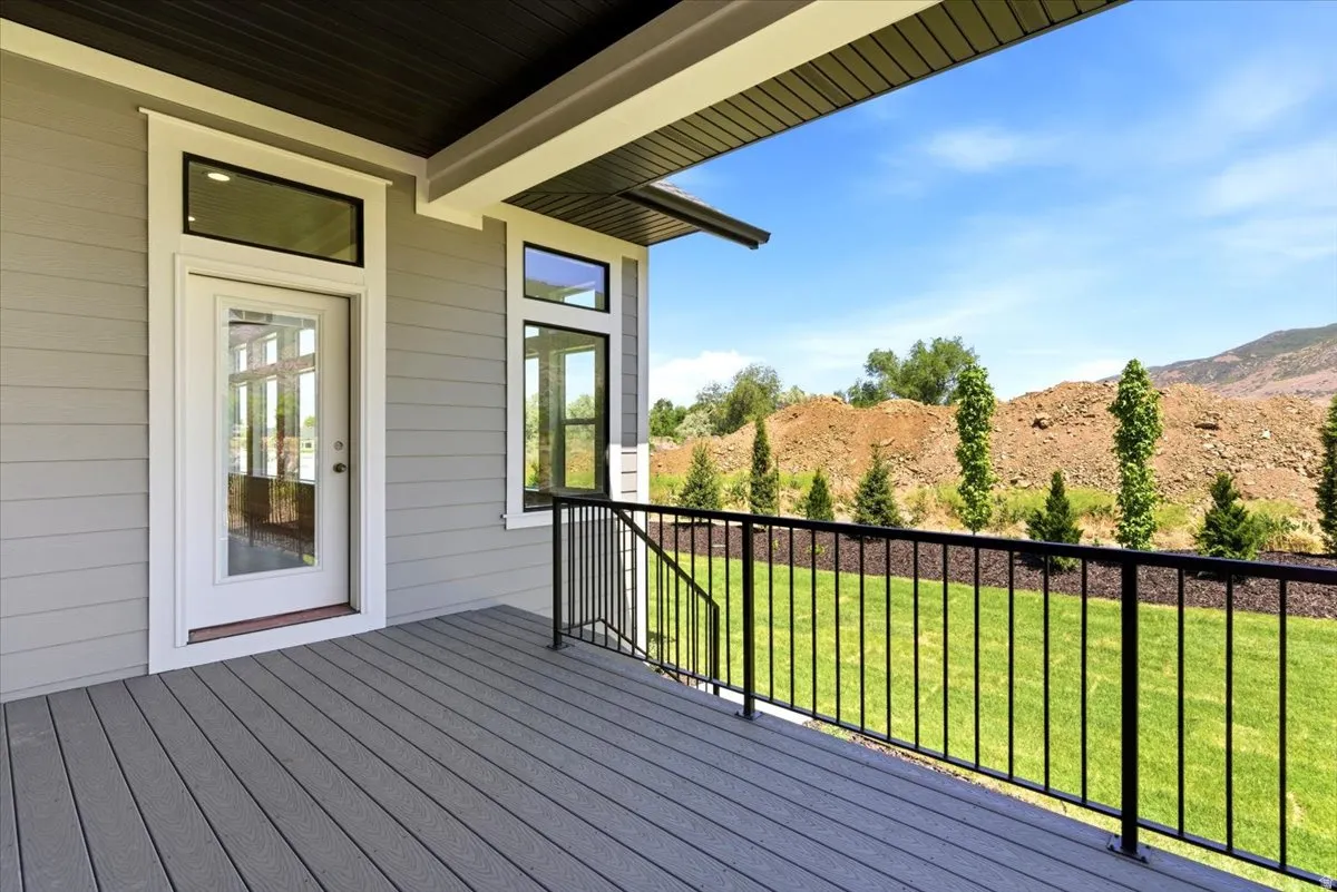 Outdoor deck with trex decking and black metal railings