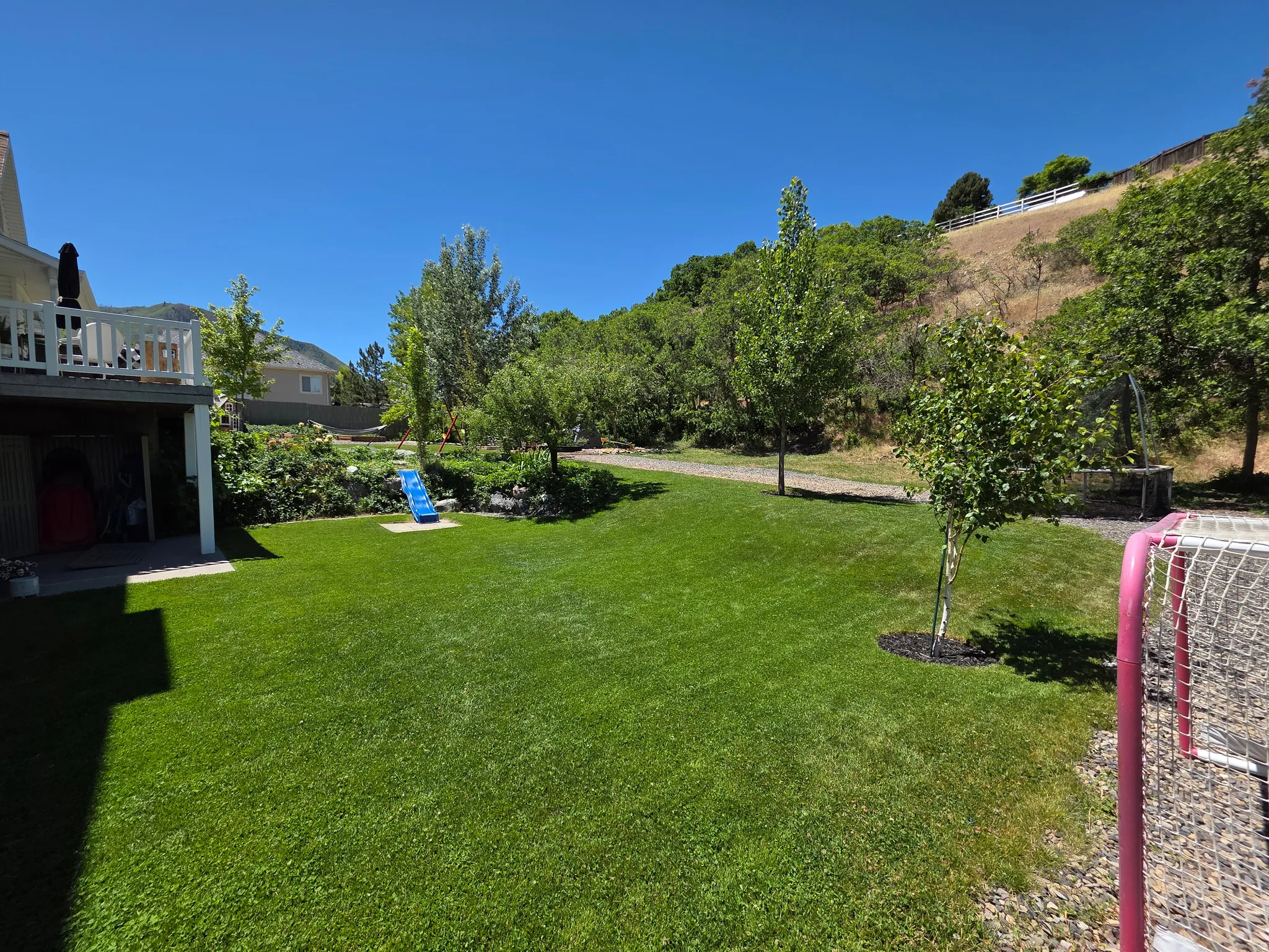 Expansive green lawn with mature trees and a gravel path
