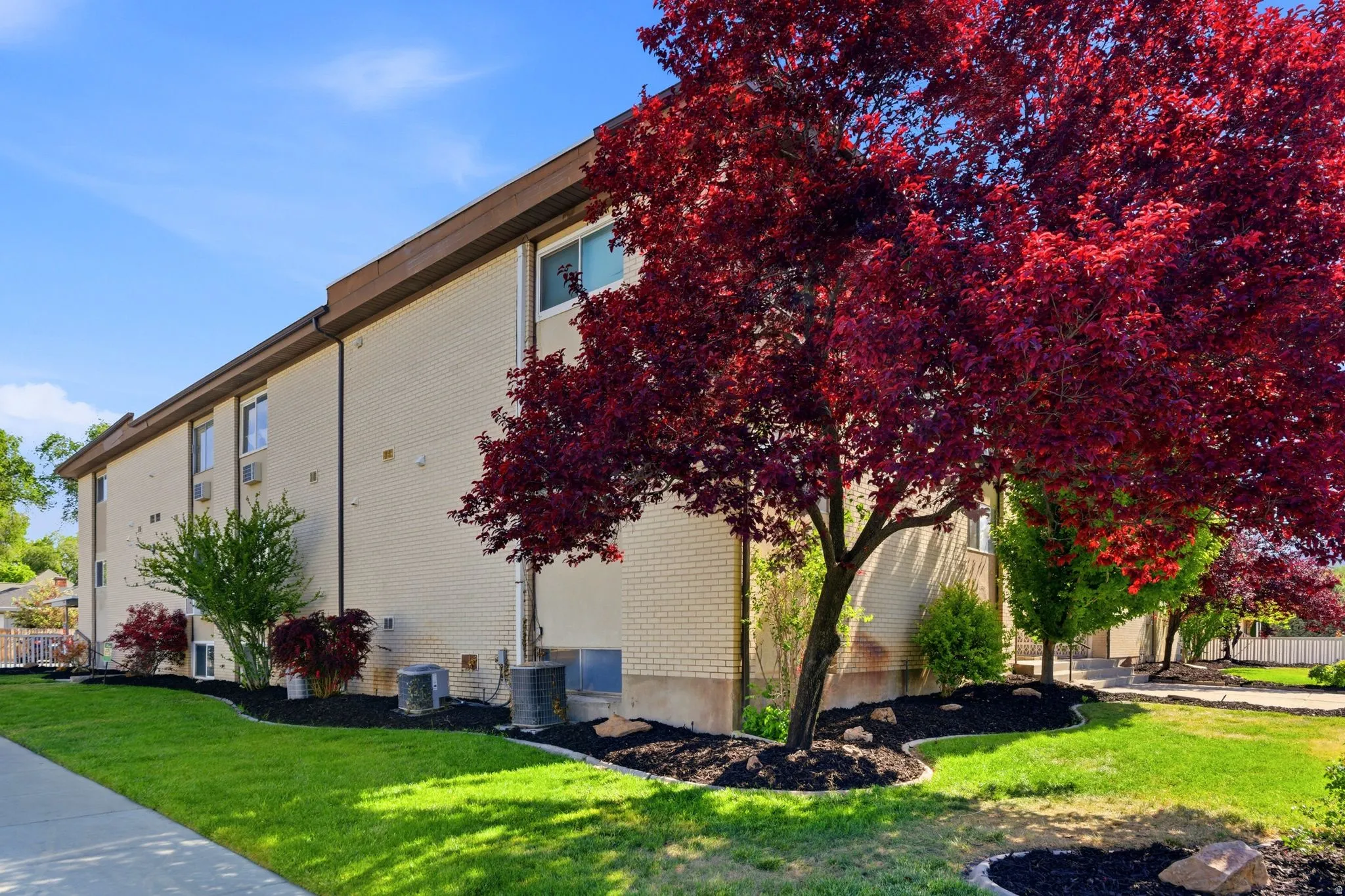 Exterior brick facade with contrasting trim, featuring a vibrant red-leafed tree and established green landscaping