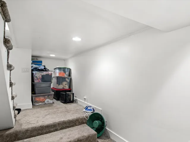 Carpeted stairs leading to a lower level with recessed lighting