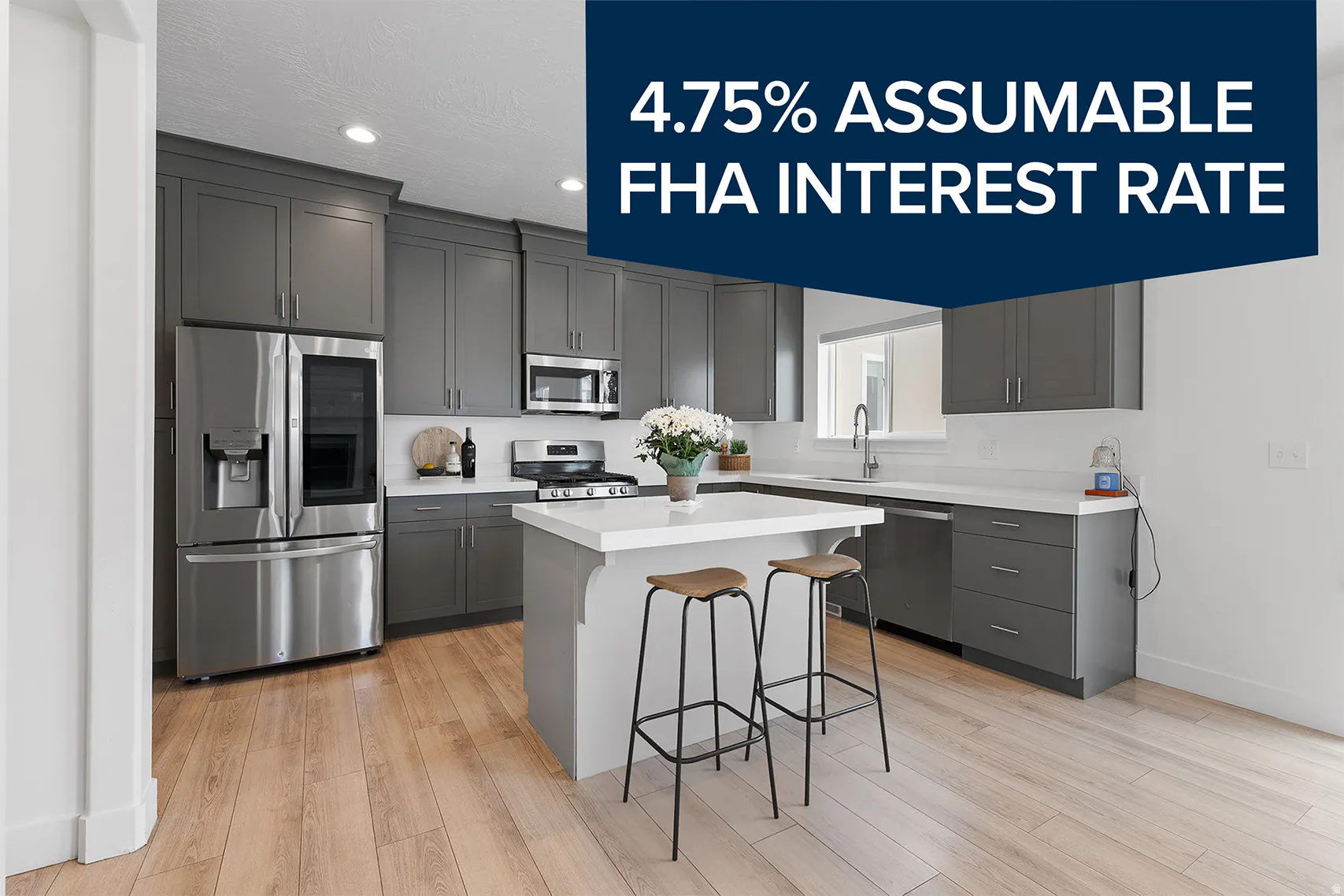 Modern kitchen featuring gray cabinetry, stainless steel appliances, a center island with seating, light wood-finish flooring, and recessed lighting