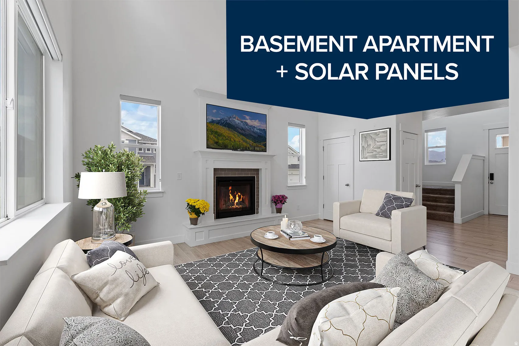 Living area featuring a fireplace with a white mantel, light wood-finish flooring, a staircase with carpeted treads, and multiple windows
