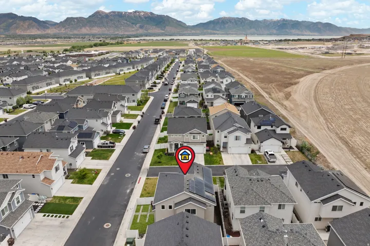 Aerial perspective showcasing a modern residential neighborhood with newly constructed homes