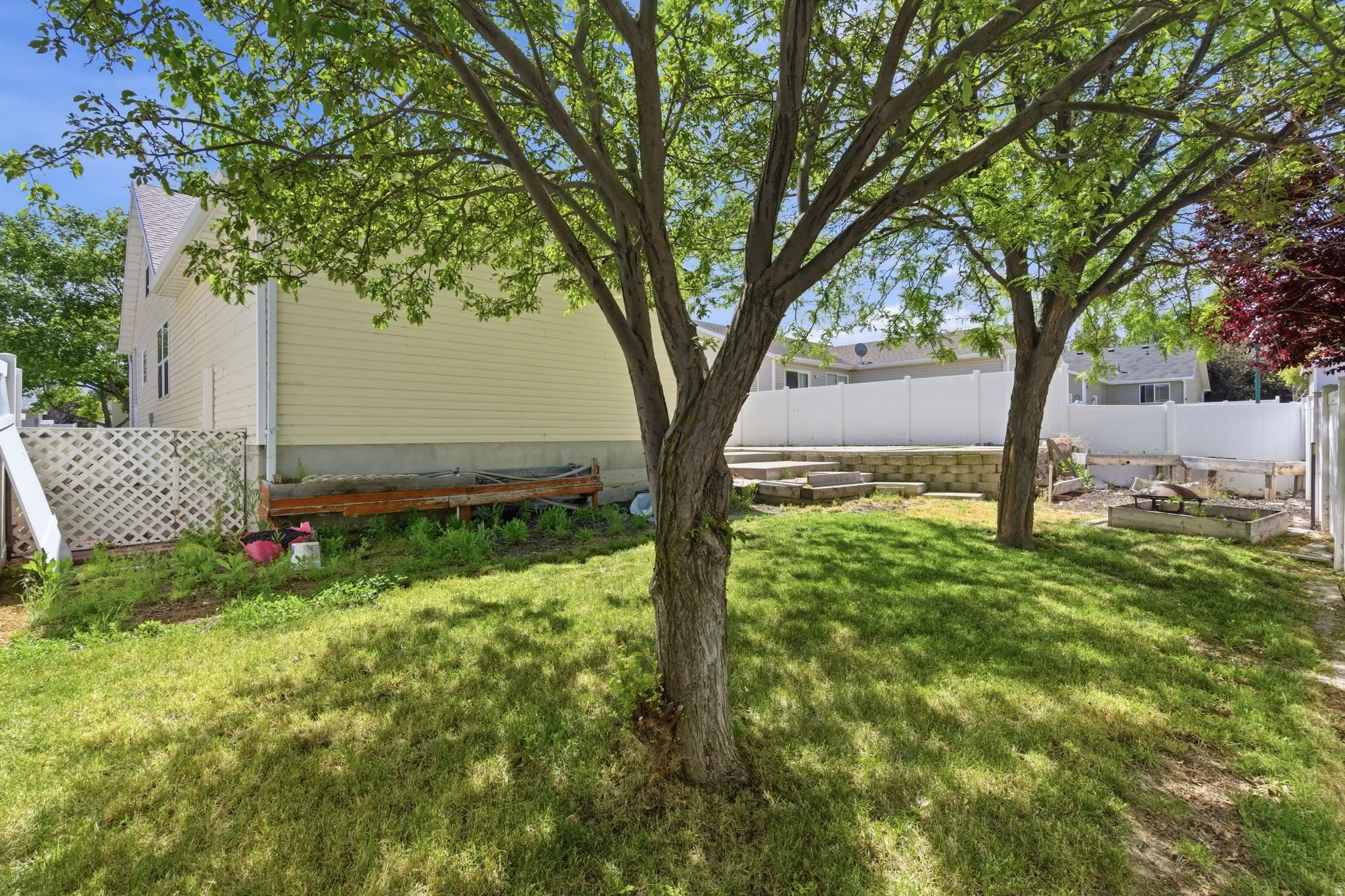 Expansive backyard featuring mature trees, a manicured lawn, and a white privacy fence