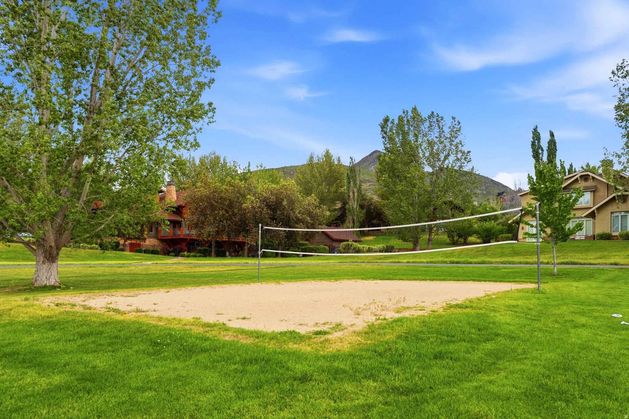 Sand volleyball court featuring a net on a manicured lawn. Aerial views of Burgi Hill Park adjacent to Valais