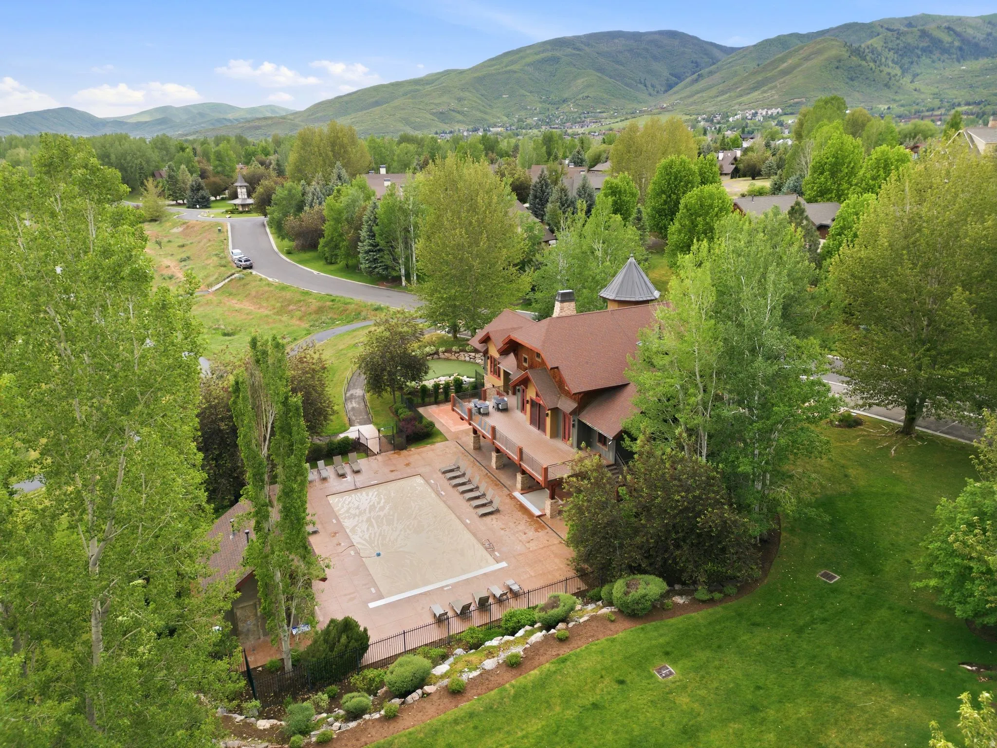 Aerial view of clubhouse & pool