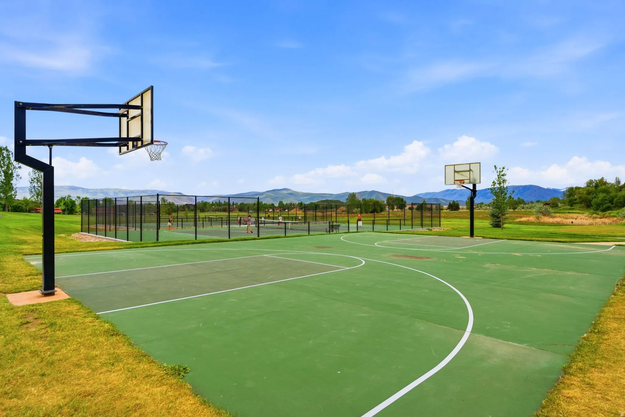 Outdoor sports court featuring basketball hoops, a green playing surface with white line markings, and surrounding open spaceAerial views of Burgi Hill Park adjacent to Valais