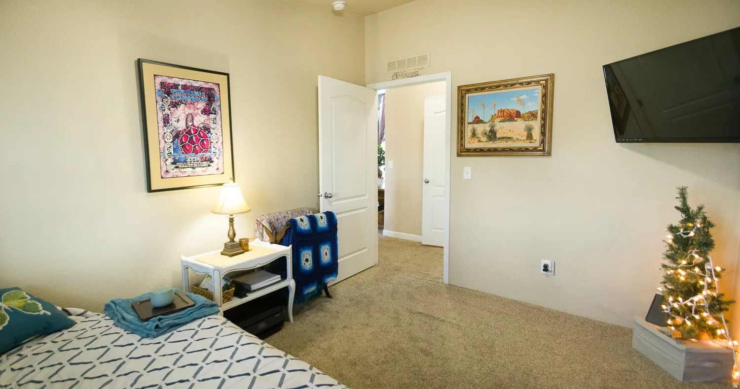 Carpeted room featuring a white interior door with a paneled design and a wall-mounted television