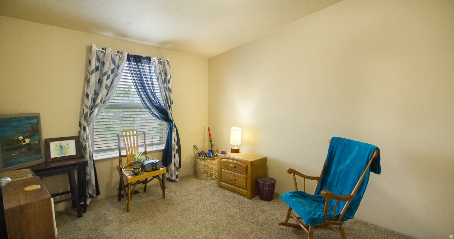 Carpeted room featuring a window with horizontal blinds, light-toned walls, and a recessed ceiling