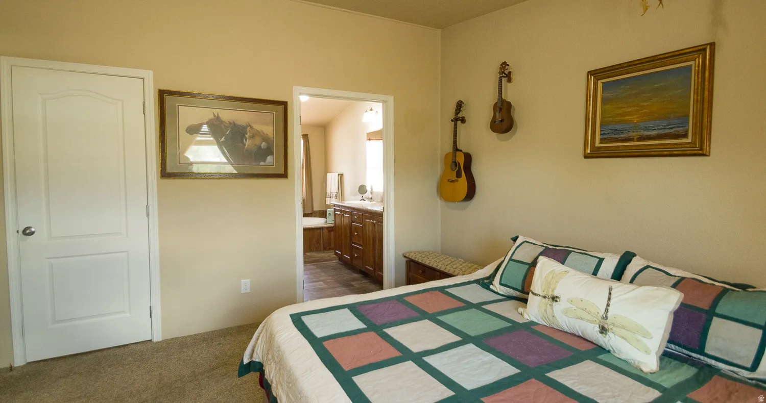 Carpeted bedroom with a flat ceiling and light-toned walls