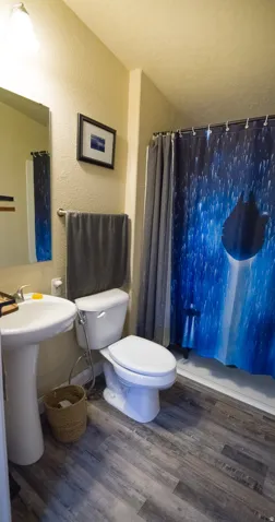 Bathroom featuring a pedestal sink, white toilet, and a combination shower/tub with white surround