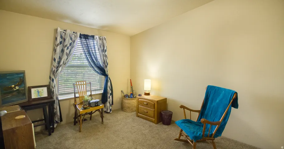 Carpeted room featuring a window with horizontal blinds, light-toned walls, and a recessed ceiling