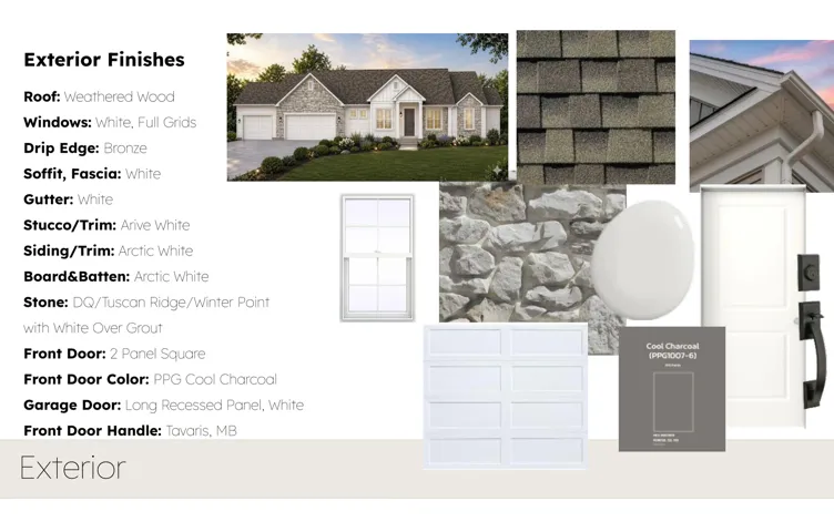 Exterior Finishes Specification. Detailing material and color selections for the property's exterior elements