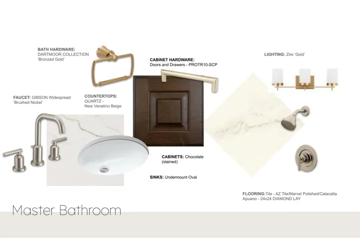Design Selection Document, Master Bathroom Section. Presenting material and fixture specifications for the property's master bathroom