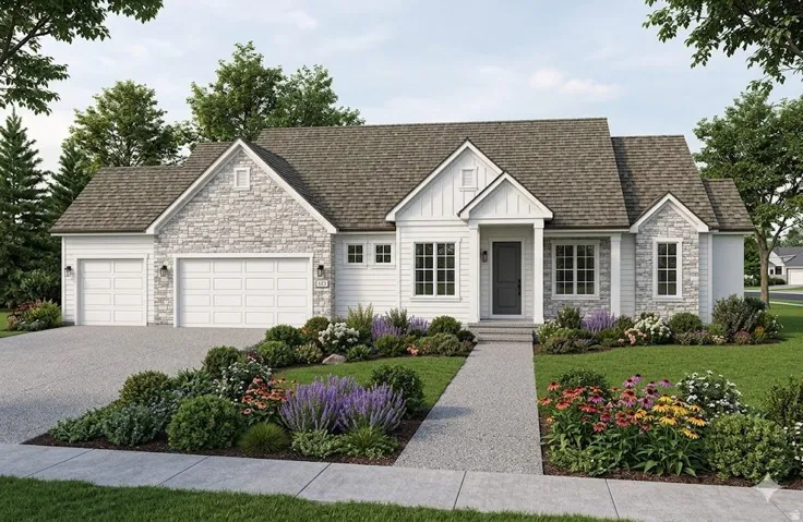 White siding and stone facade residence featuring a multi-gabled roofline