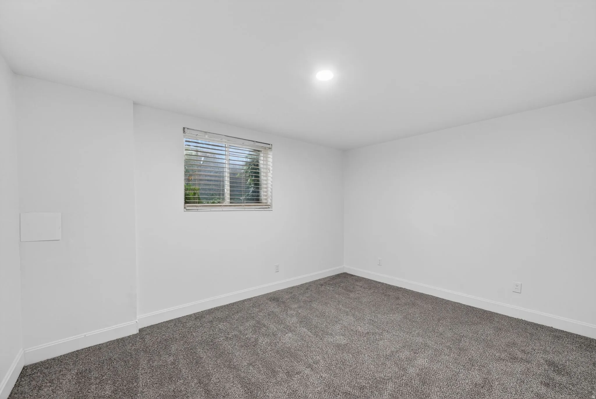 Carpeted room featuring a single window with blinds, white walls, and a recessed ceiling light